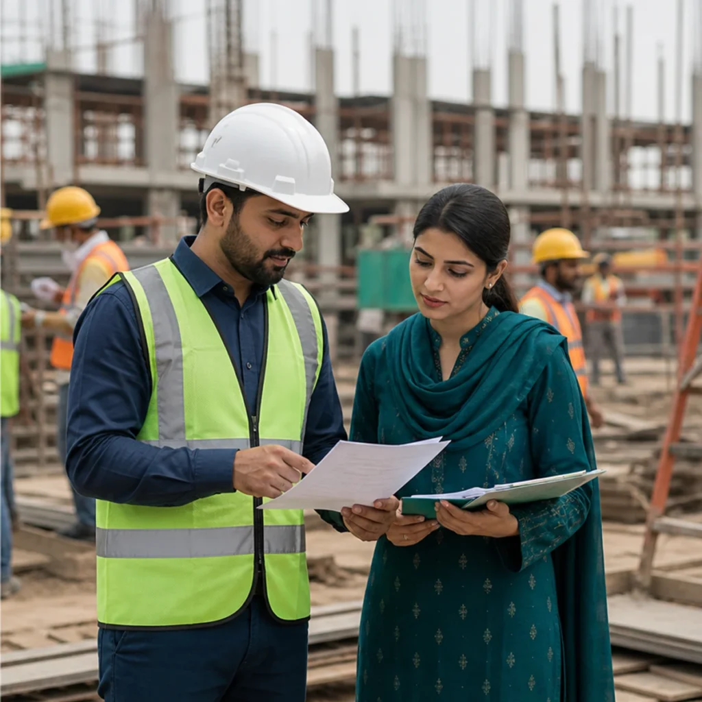 Construction supervisor and payroll coordinator reviewing schedules
